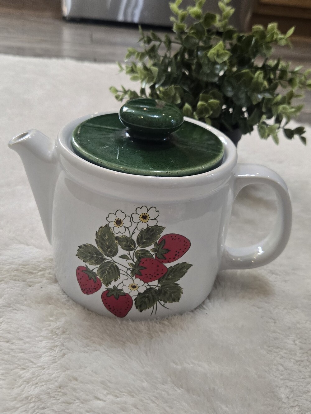 Vintage McCoy Potter Strawberry Country Teapot #1418 with Green Lid